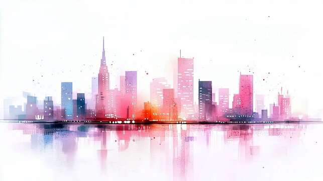 A vibrant watercolor painting of a city skyline with tall buildings in shades of pink, blue, and orange, reflected in the water below.