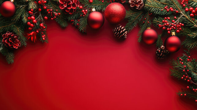 Christmas celebration decorations festive red background holiday image cheerful environment top view joyful concept for holiday marketing