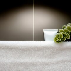 A white cosmetic tube and a green plant sit on a fluffy white towel, set against a tiled background with soft lighting.