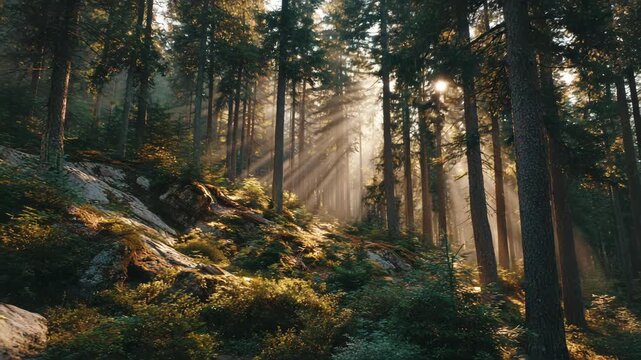 Enchanted Ascent: Sunlit Forest Hills in Motion