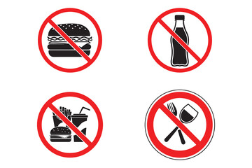 Four distinct prohibition signs indicating no food no drinks no eating and no drinking isolated on white background