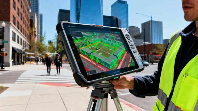 Technician uses advanced GPS device to trace exact property limits in an urban setting highlighting modern boundary surveying technology.