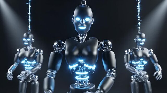 Robots suspended like puppets in dynamic lighting