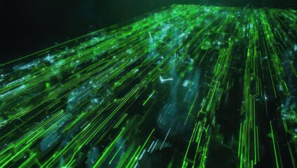 Futuristic digital information highway with fast moving green light streaks.