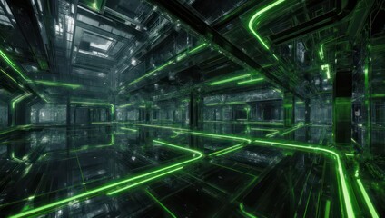 Futuristic Cyberpunk Interior with Neon Green Lights and Reflections.