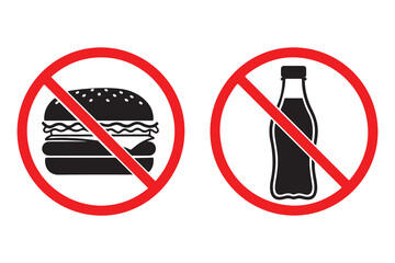 Two red prohibition signs showing a hamburger and a soda bottle isolated on white background