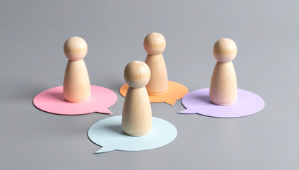 Diverse communication and collaboration represented by wooden figures on speech bubbles