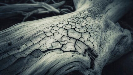 Closeup of bleached wood with cracked surface resembling dry earth patterns and soft natural lighting creating organic contrast