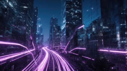 Futuristic city night scene with glowing purple light trails on a highway.