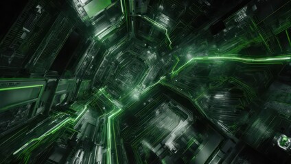 Futuristic Green Technology Tunnel with Geometric Shapes and Glowing Lines.