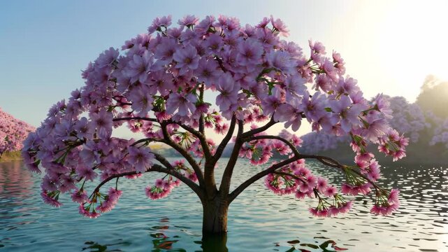 Cherry trees blooming in the water