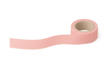 Pink polka dot washi tape roll unrolling, decorative adhesive sticky ribbon for craft and scrapbooking projects