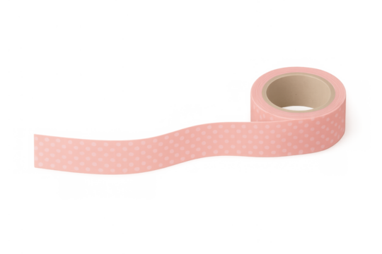 Pink polka dot washi tape roll unrolling, decorative adhesive sticky ribbon for craft and scrapbooking projects