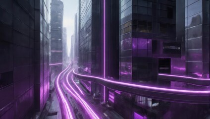 Futuristic Cityscape with Vibrant Purple Neon Light Trails at Night.
