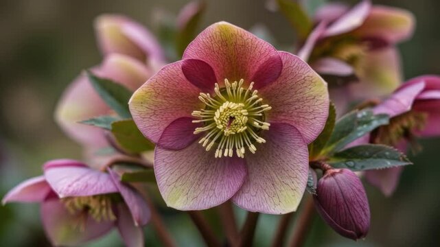Close up of a pink and yellow hellebore flower blooming in sunlight