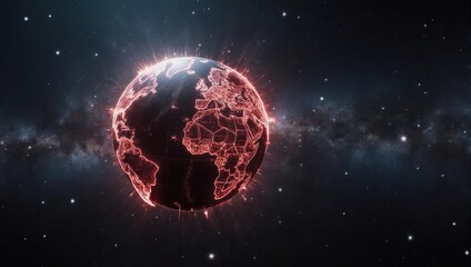 Futuristic Planet Earth Glowing With Red Digital Connections in Space.