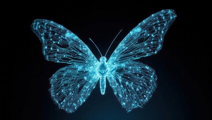 Glowing Blue Butterfly Digital Art on Black Background.