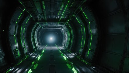 Futuristic science fiction corridor with glowing green lights and a bright portal.