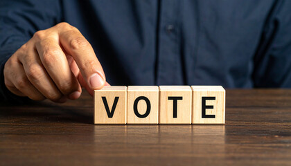 Hand spelling out the word Vote on wooden blocks, symbolizing the act of casting a ballot in a democratic election