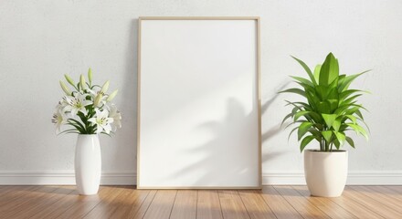 Fototapeta premium Empty white frame with plants decorating a wooden surface by a wall