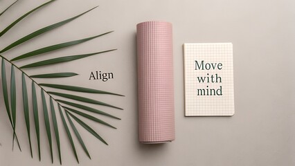 Word Align beside rolled pink yoga mat with palm leaf and motivational quote Move With Mind