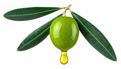 Close-up of a vibrant green olive with a drop of golden oil falling from it, isolated on a white background, representing freshness and healthy oil production