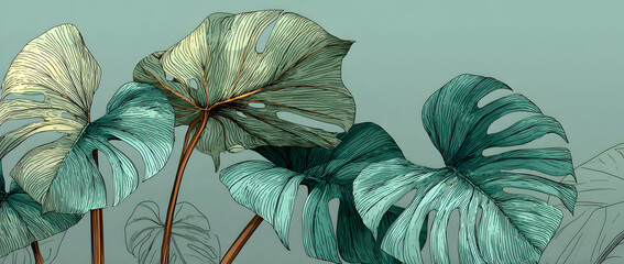 Tropical leaves background vector. Natural jungle monstera palm leaves design in minimal pale green color with contour line art style. Design for fabric, print, cover, banner, decoration, wallpaper.