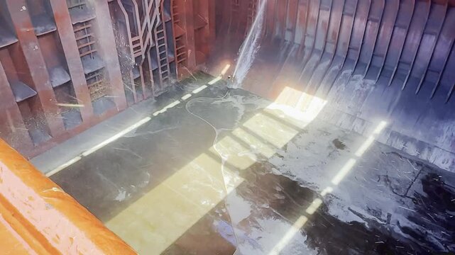 rew cleaning bulk carrier hold after discharging petroleum coke using seawater, chemicals, and brushes.. water 27
