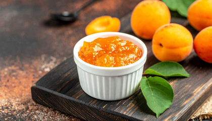Delicious homemade apricot jam in a white bowl, garnished with fresh apricots and green leaves on a rustic wooden board