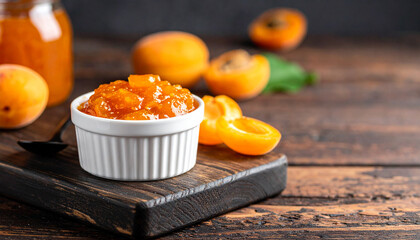 Delicious Apricot Jam in a White Bowl, Fresh Apricots and a Jar in the Background