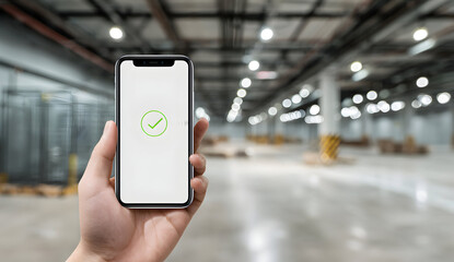 Hand holding smartphone displaying green checkmark in warehouse symbolizing successful inventory management, conveying efficiency and modernization.