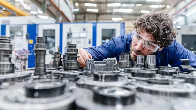Medium shot of a technician inspecting molded zinc alloy automotive parts for quality control during manufacturing.
