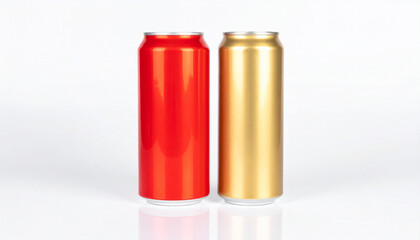 Two aluminum beverage cans, one red and one gold, standing upright against a white background, representing refreshment and cold drinks