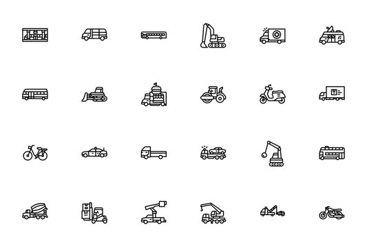 City vehicle icon set. Vector transportation icons pck. Includes subway, van, chool bus, ambulance, scooer, delivery truck, policecar, bulldozer, tractor an more.
