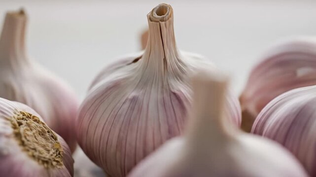 Close up of fresh garlic bulbs against a softly lit background