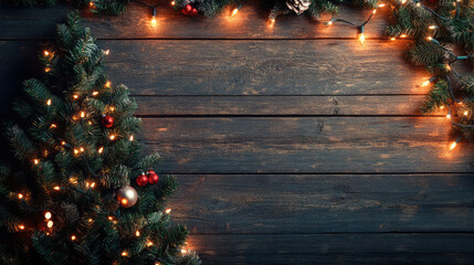 Christmas holiday themed vintage wooden background with tree, garland, and fairy lights for celebration and decoration