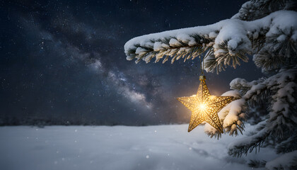 Snowy Night Sky with Glowing Star Ornament