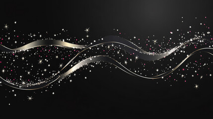 Christmas greetings banner featuring elegant swirl ribbons and sparkling stars on a black background, black, festive, celebration