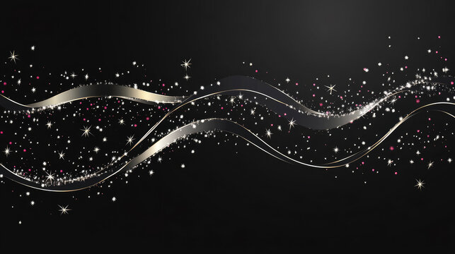 Christmas greetings banner featuring elegant swirl ribbons and sparkling stars on a black background, black, festive, celebration