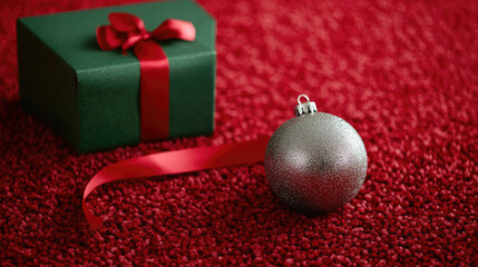 Green gift box with red ribbon and a silver ornament on a red carpet