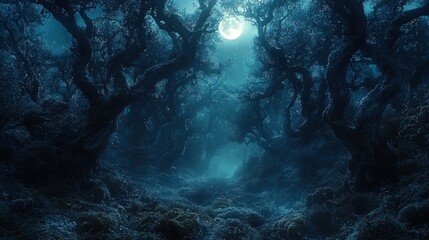 Obraz premium Moonlit mystical forest path at night.