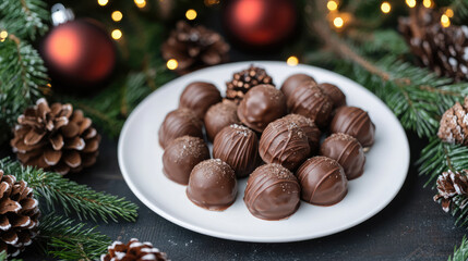 Christmas chocolate truffles on white plate surrounded by pine cones, ornaments and fir branches, festive holiday background with lights