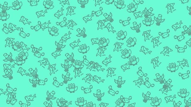 Whimsical sea life and owl pattern perfect for children's designs, textiles, and playful backgrounds, creating a delightful and captivating visual experience