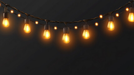 Realistic glowing Christmas string lights with warm yellow bulbs, decorative festive garland arranged in hanging loops, isolated PNG on transparent background, high-quality design for holiday cards, i