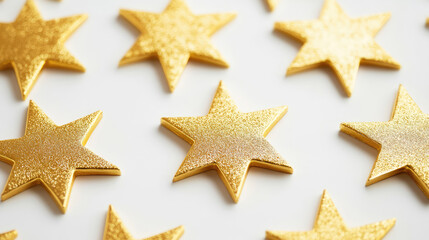 Obraz premium Golden stars arranged on a white surface create a festive, repeating pattern