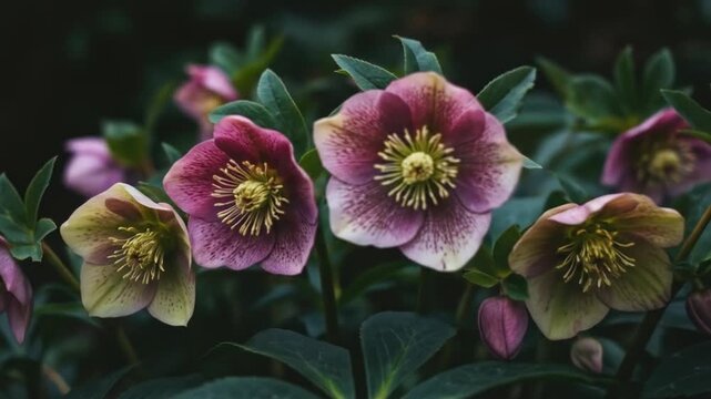 Close up of vibrant hellebore flowers with green foliage in sunlight