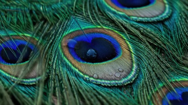 Close up of vibrant peacock feathers displaying intricate patterns