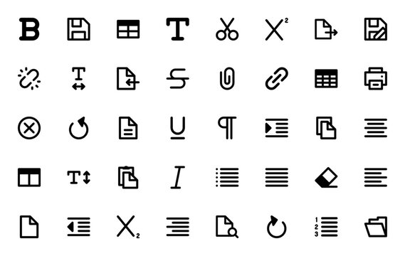 Text Editor icon set. Minimal vector icons pack. Incudes symbols for Bold, Sav, Table, Font, Scissors, Sperscript, Export, Print, ink, Copy, Paste, Italic, ndo, Redo, File, Folder an more.