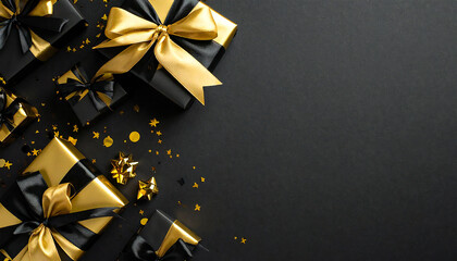 Obraz premium 黒背景。金と黒のプレゼント。紙吹雪。ブラックフライデーのイメージ。Black background. Gold and black gifts. Confetti. Black Friday image.