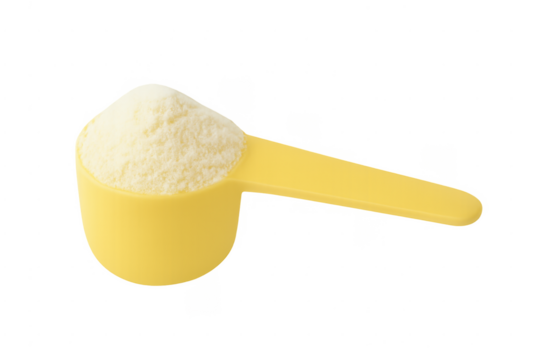 Yellow scoop holding white powdered supplement on transparent background - Powered by Adobe